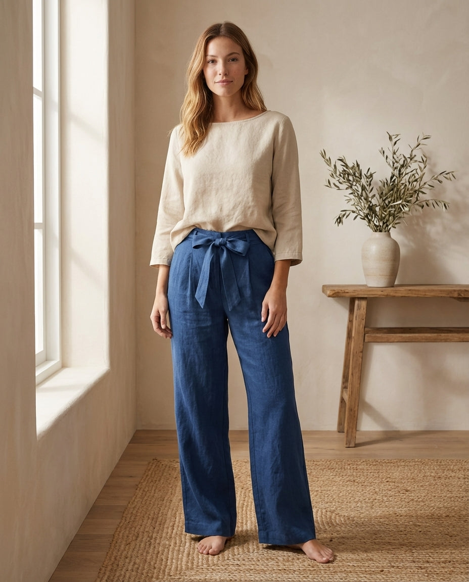Wide-Leg Linen Pants with Belt