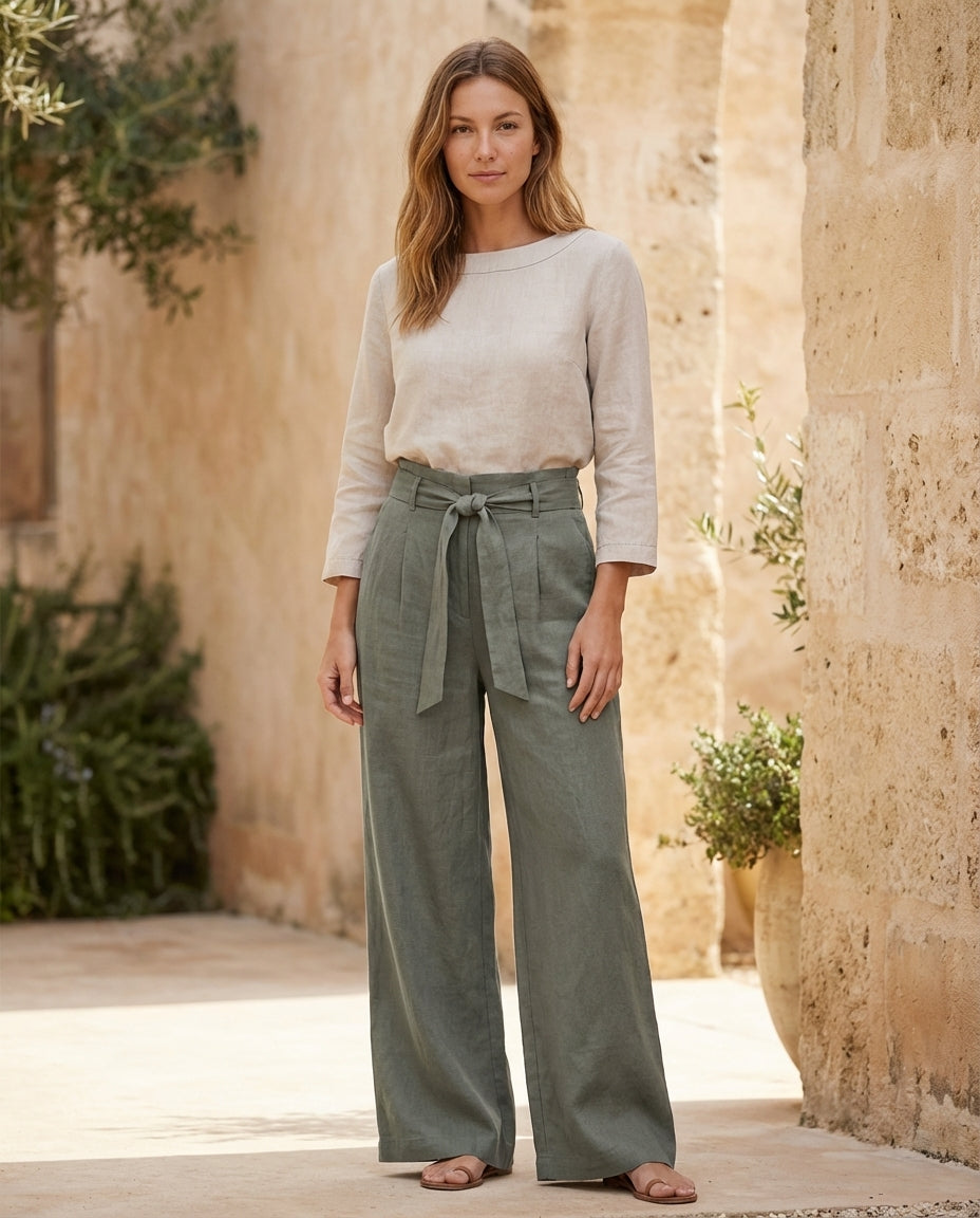 Wide-Leg Linen Pants with Belt