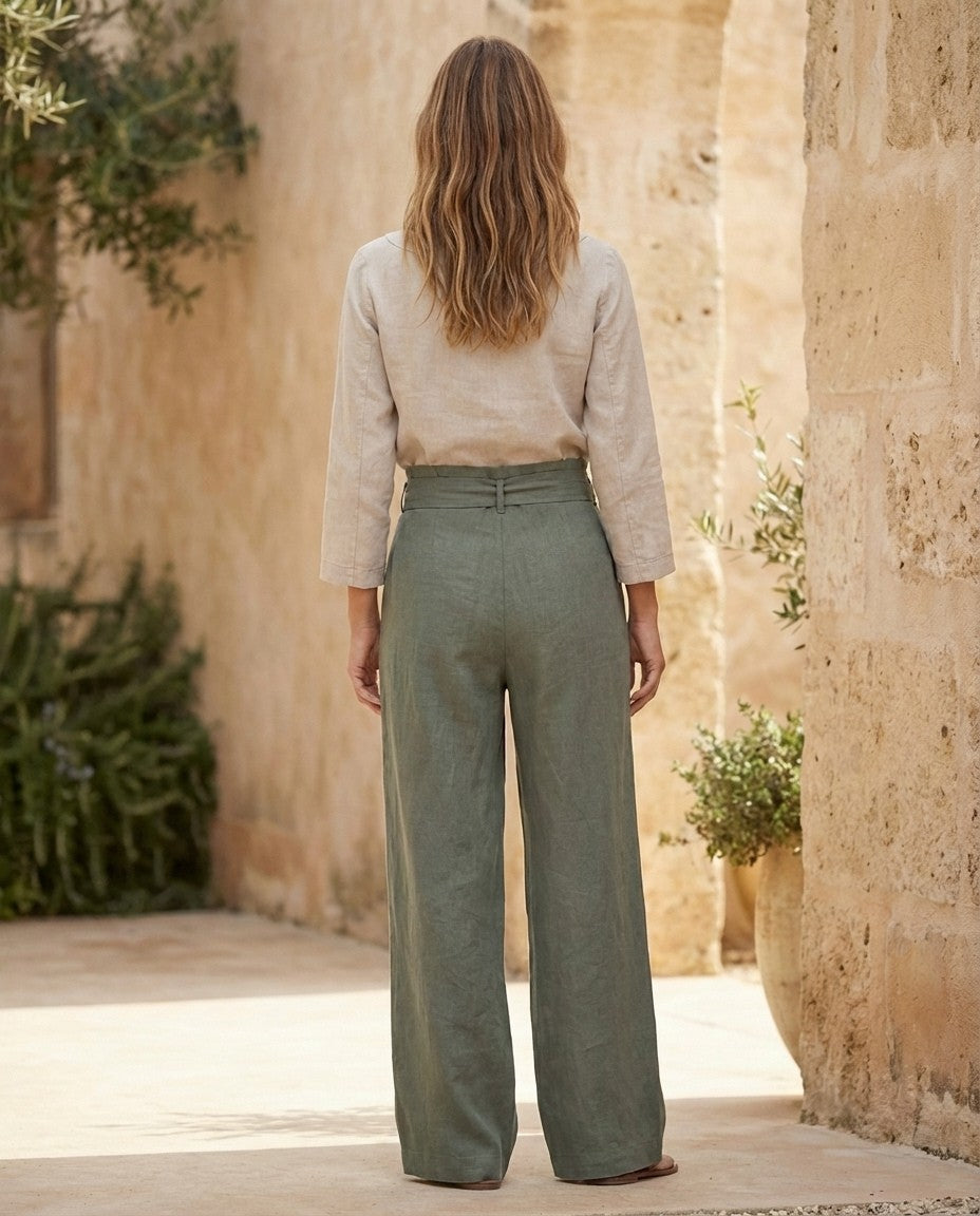 Wide-Leg Linen Pants with Belt