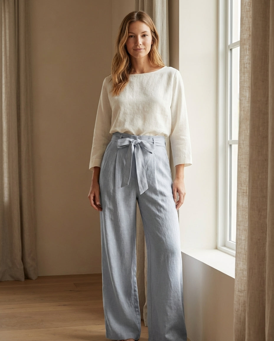 Wide-Leg Linen Pants with Belt
