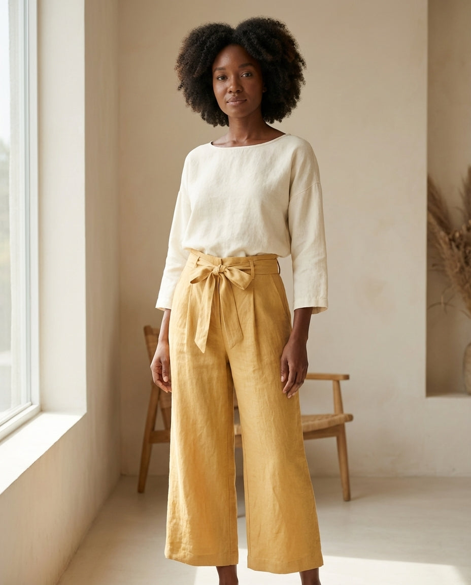 Wide-Leg Linen Pants with Belt