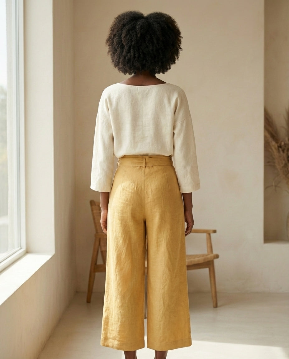 Wide-Leg Linen Pants with Belt