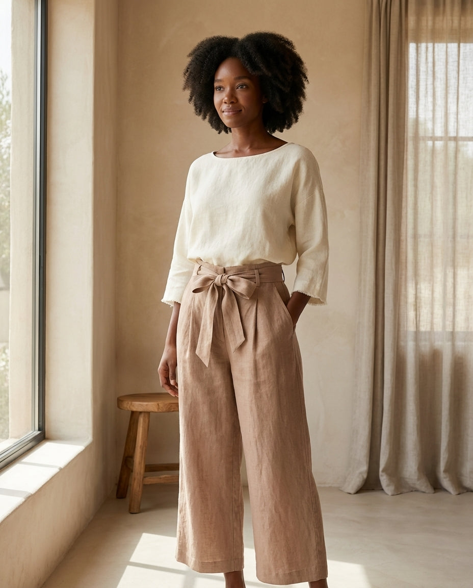 Wide-Leg Linen Pants with Belt