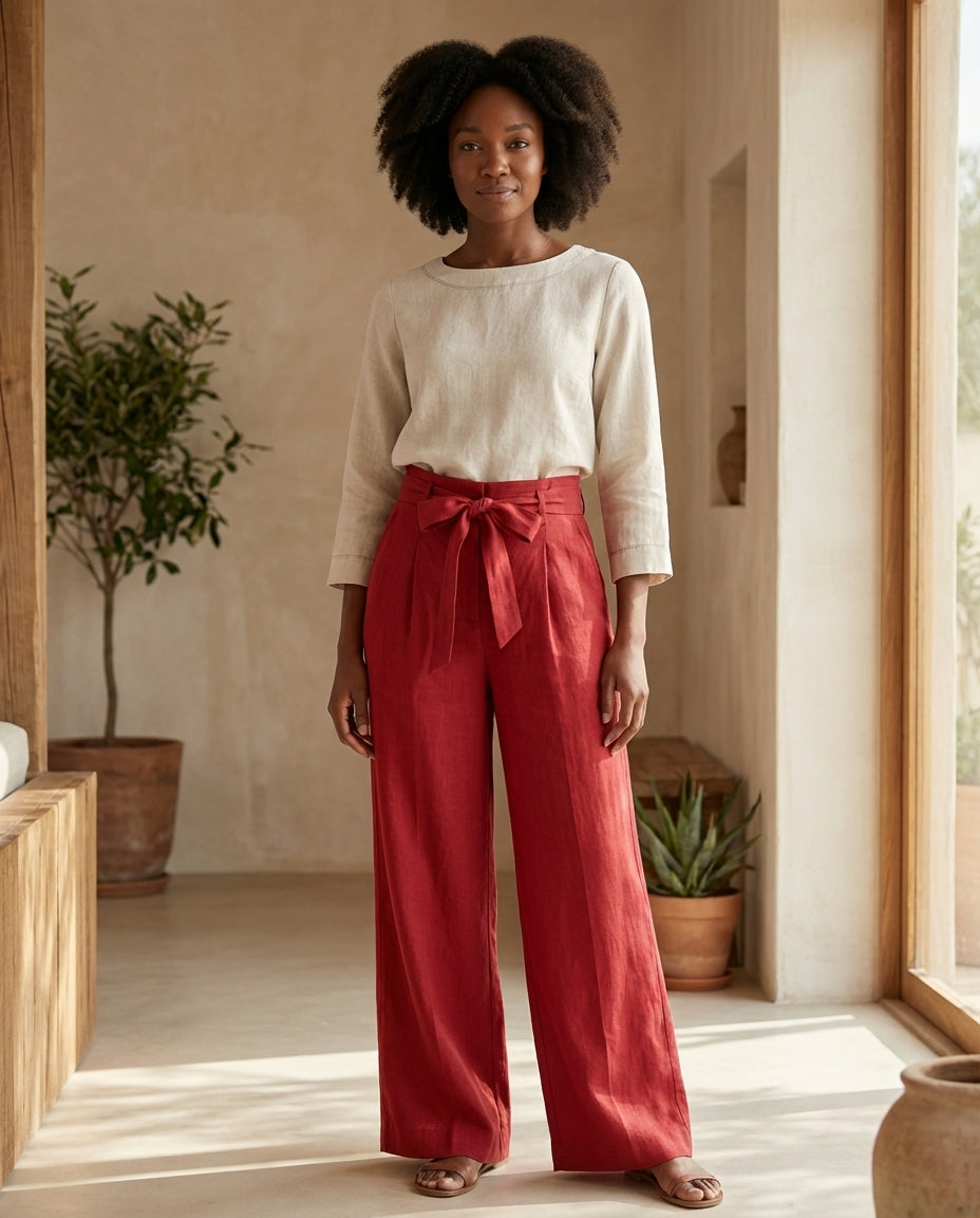 Wide-Leg Linen Pants with Belt