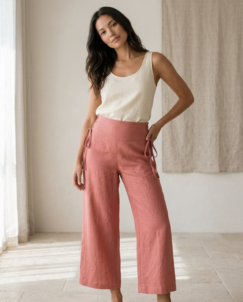 Linen Pants with Side Tie Detail