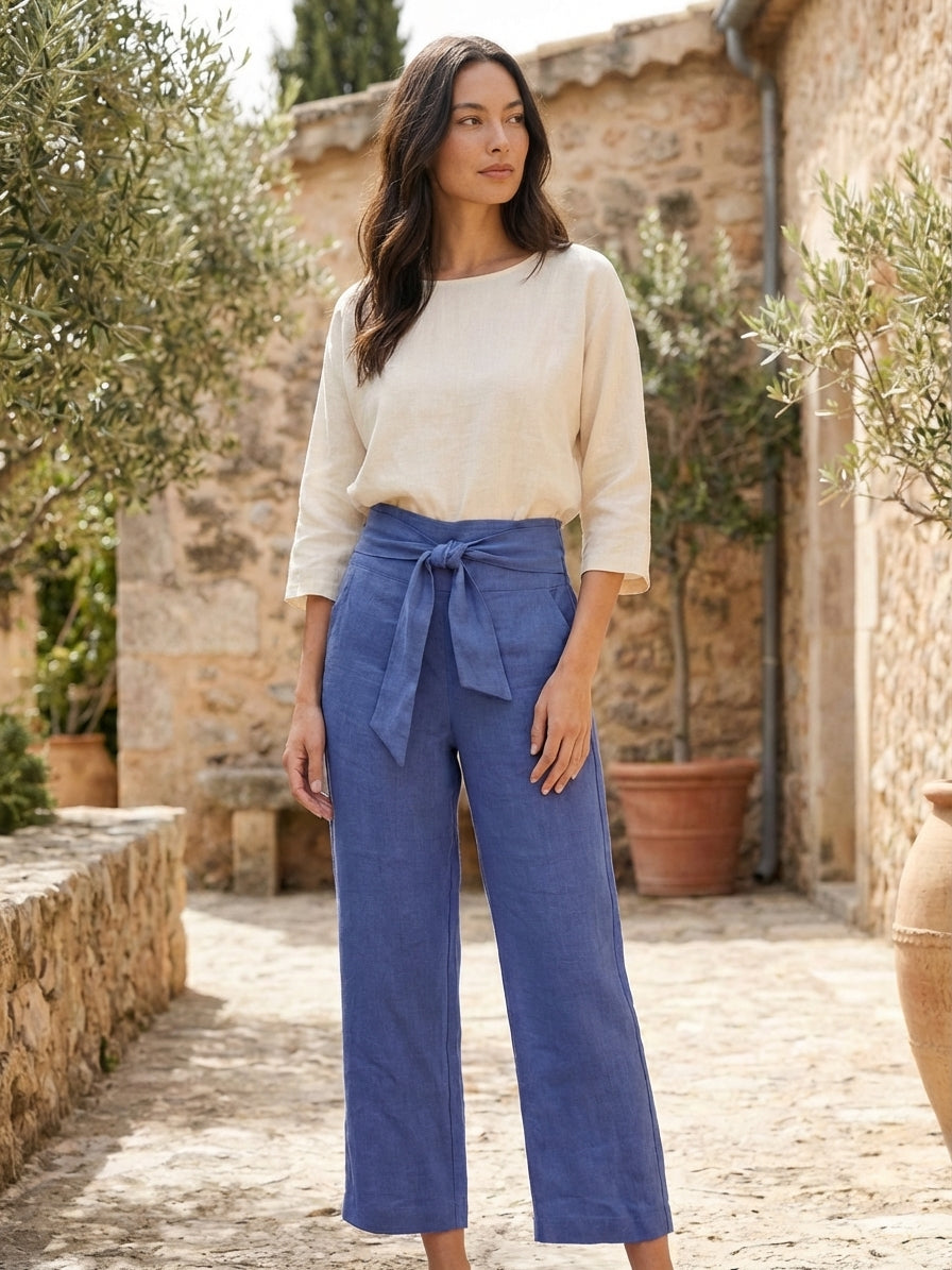 Linen Wide-Leg Trousers with Tie Belt