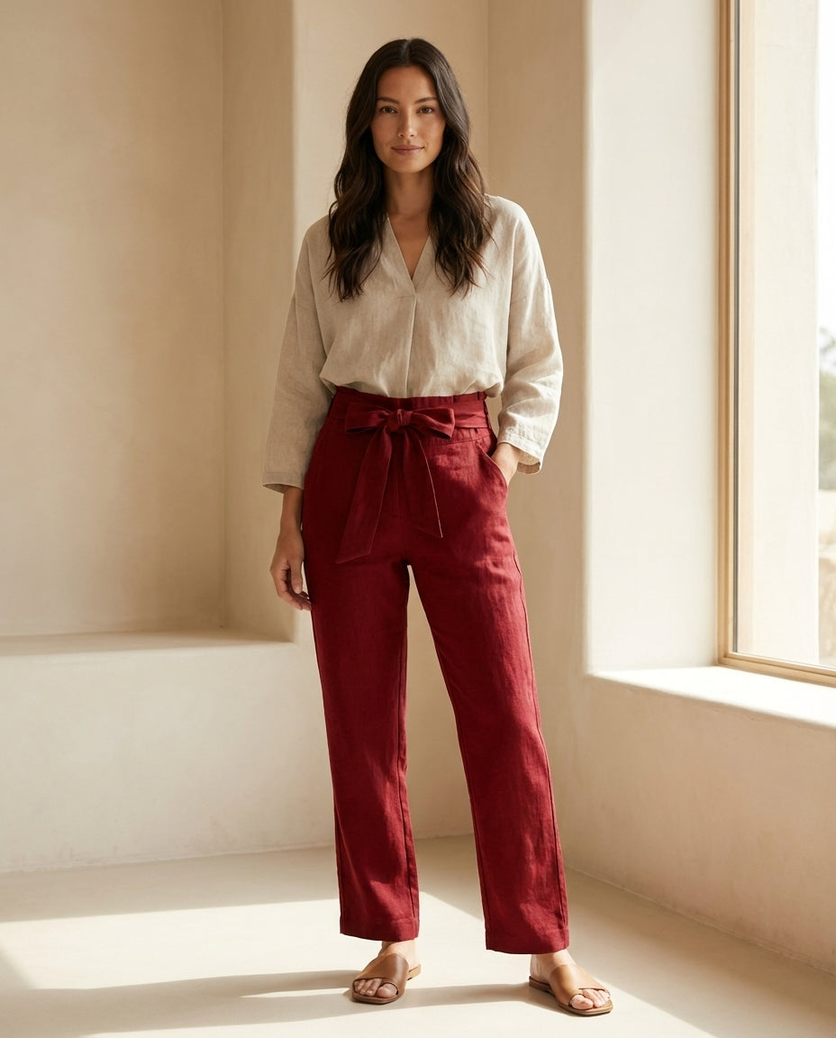 Linen Wide-Leg Trousers with Tie Belt
