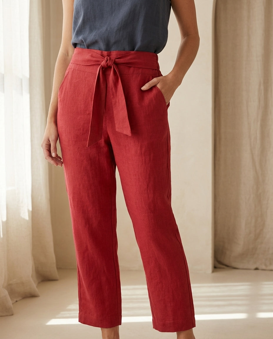 Linen Wide-Leg Trousers with Tie Belt