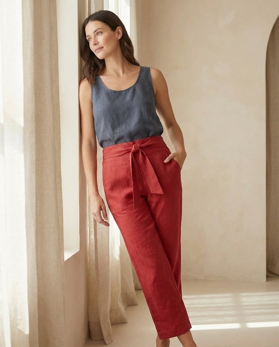 Linen Wide-Leg Trousers with Tie Belt