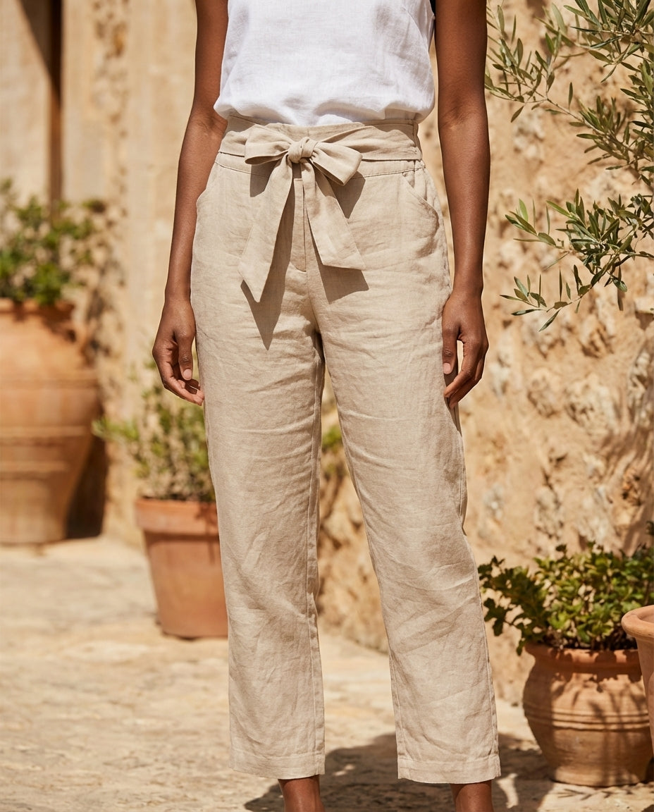 Linen Wide-Leg Trousers with Tie Belt