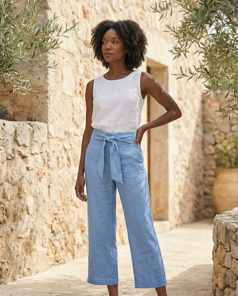 Linen Wide-Leg Trousers with Tie Belt
