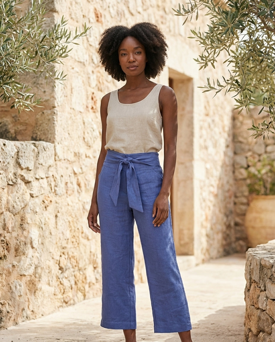 Linen Wide-Leg Trousers with Tie Belt