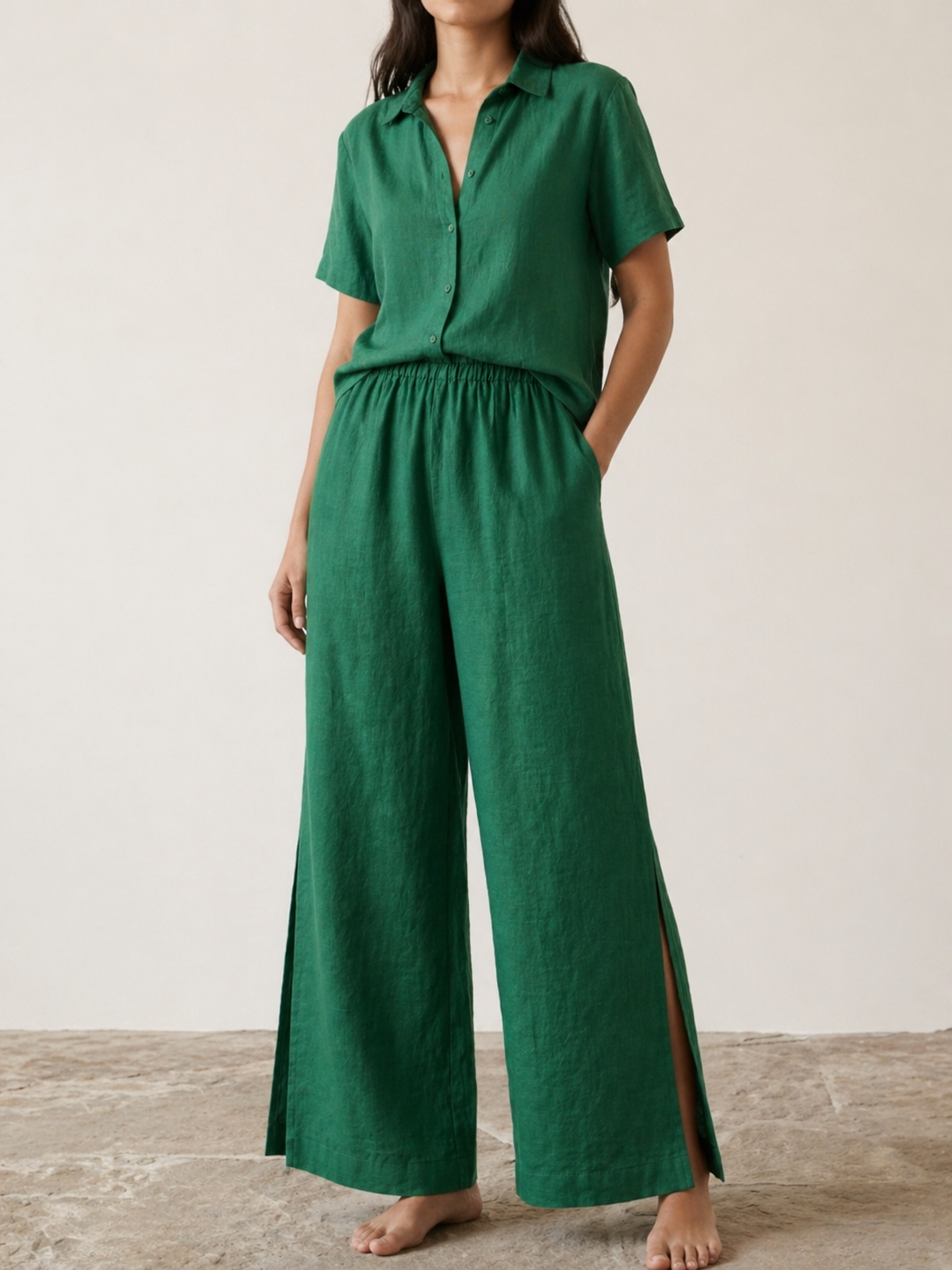 Linen Wide-Leg Pants with Side Slit Detail