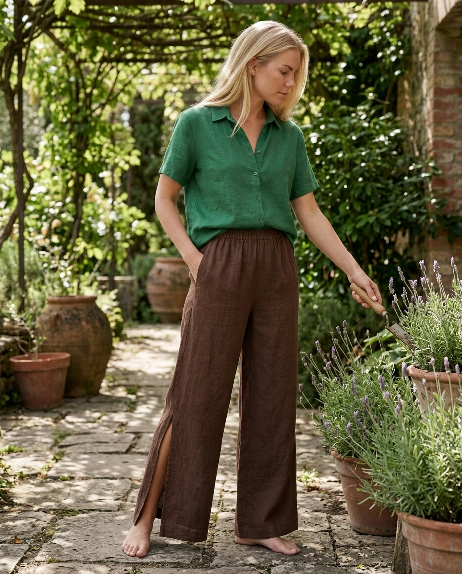 Linen Wide-Leg Pants with Side Slit Detail