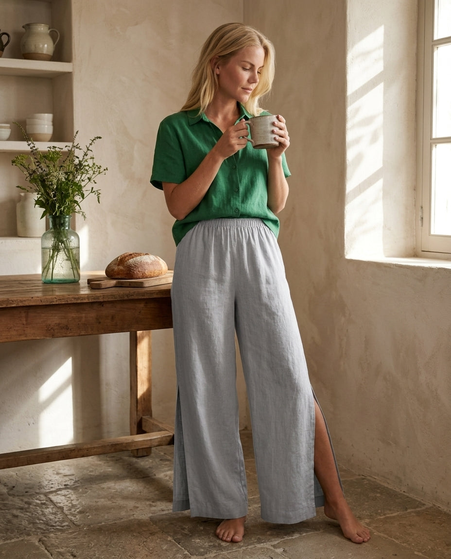 Linen Wide-Leg Pants with Side Slit Detail