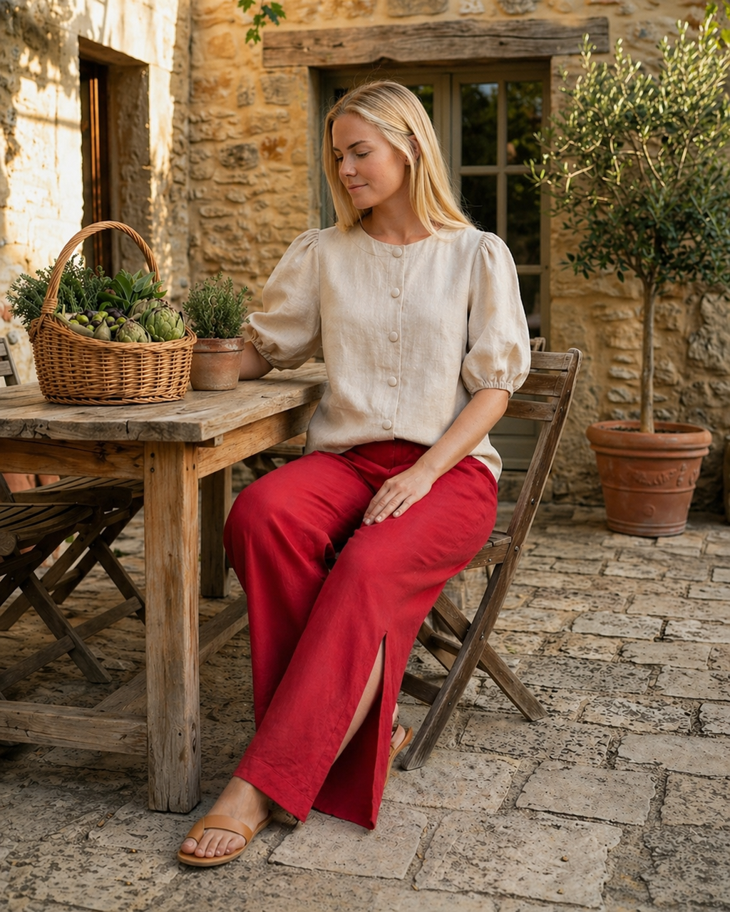 Linen Wide-Leg Pants with Side Slit Detail