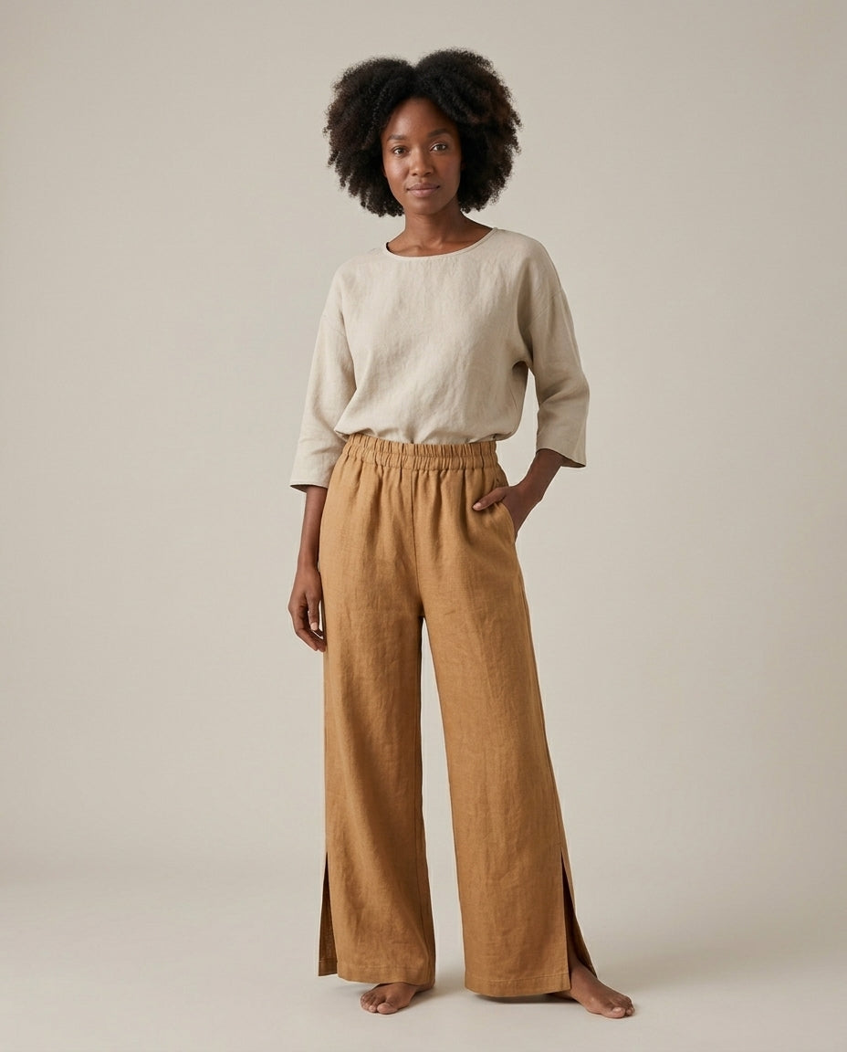 Linen Wide-Leg Pants with Side Slit Detail