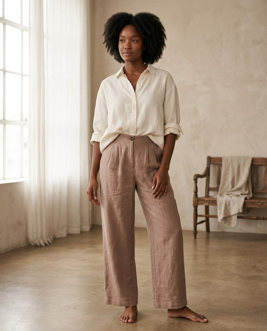 Pleated High-Waist Linen Trousers