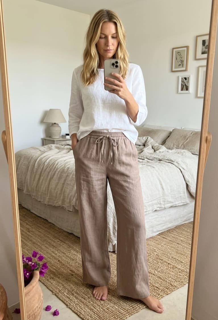 Wide-Leg Drawstring Linen Trousers