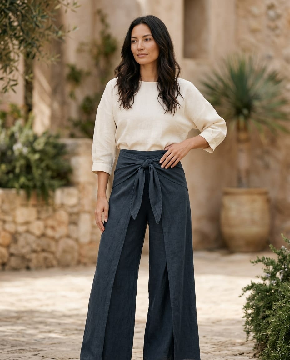 Wrap-Tie Wide-Leg Linen Trousers