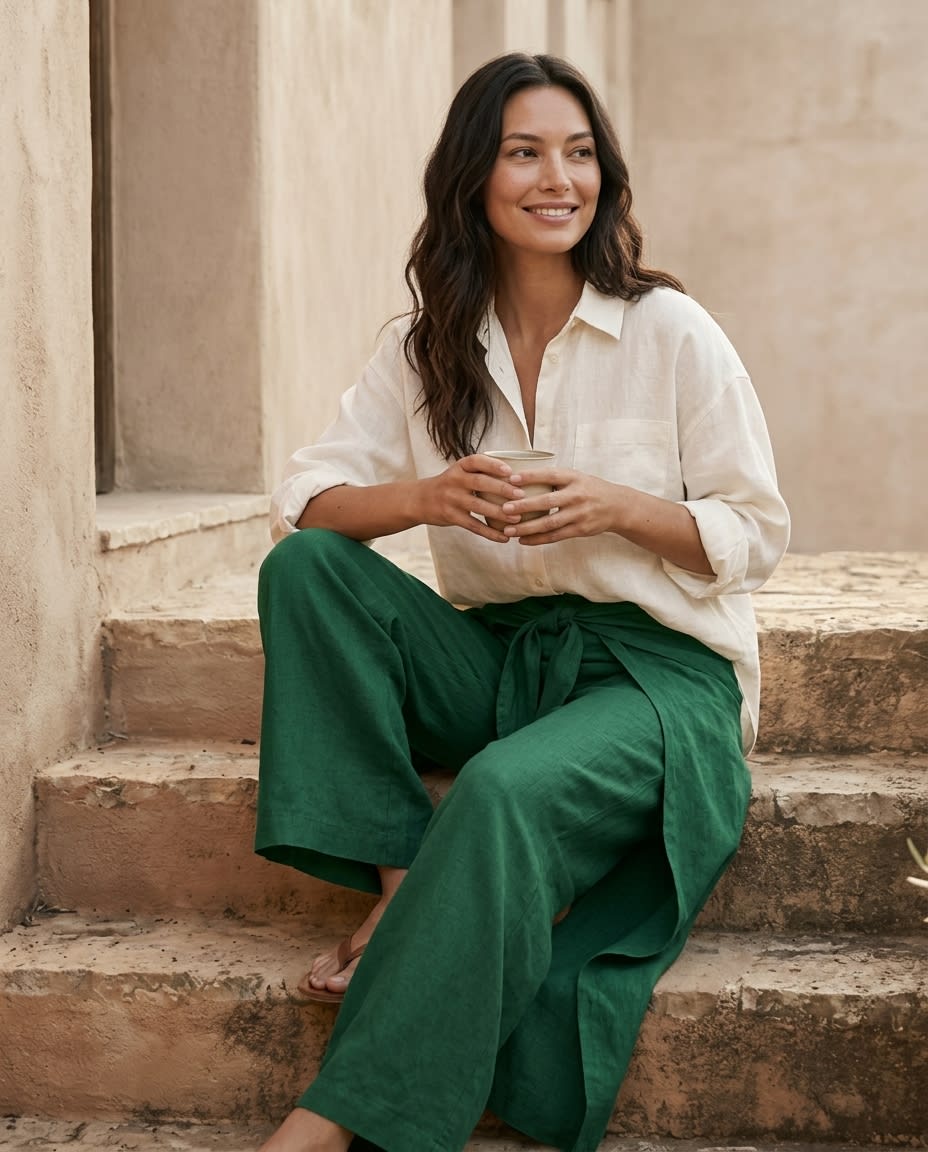 Wrap-Tie Wide-Leg Linen Trousers