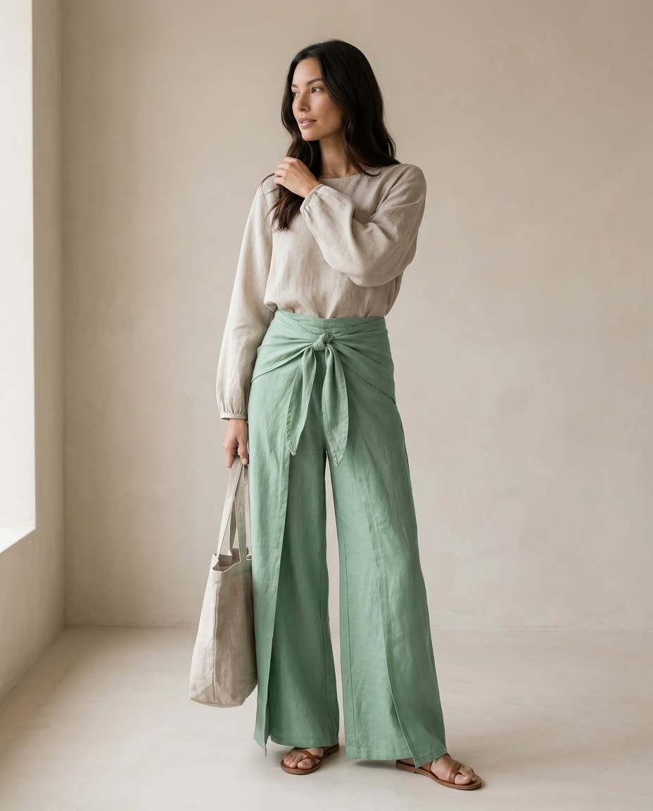 Wrap-Tie Wide-Leg Linen Trousers