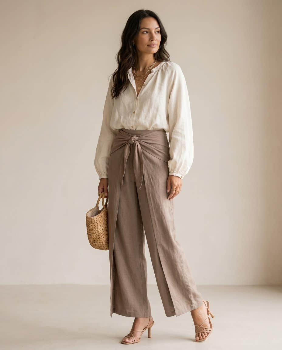 Wrap-Tie Wide-Leg Linen Trousers