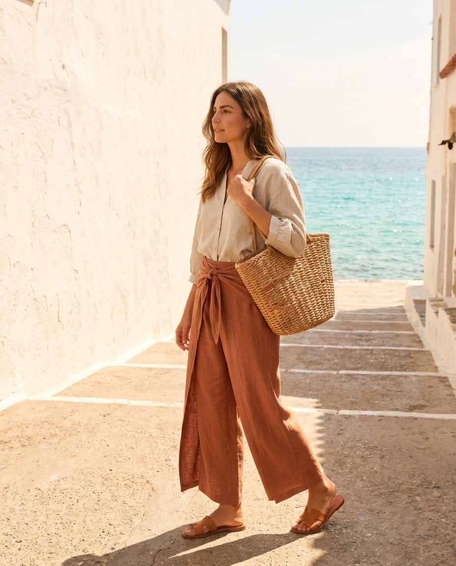 Wrap-Tie Wide-Leg Linen Trousers
