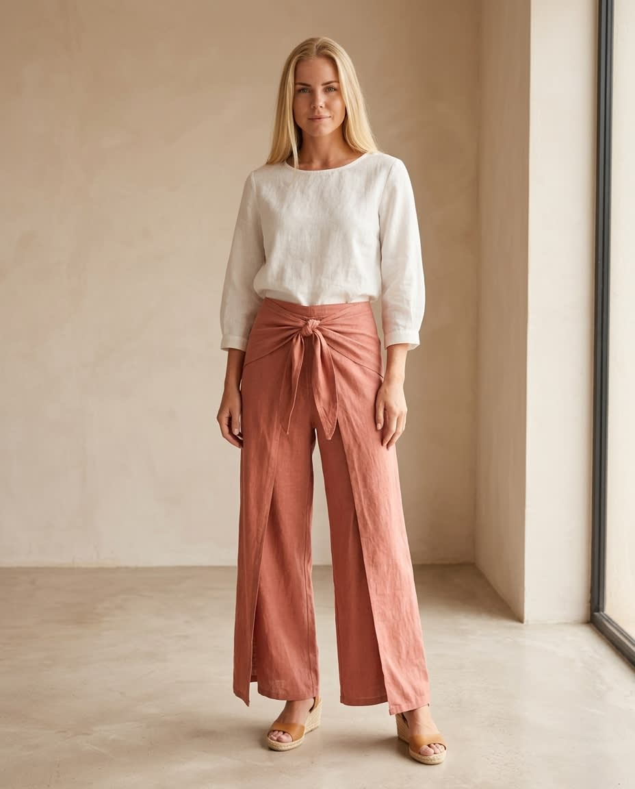 Wrap-Tie Wide-Leg Linen Trousers