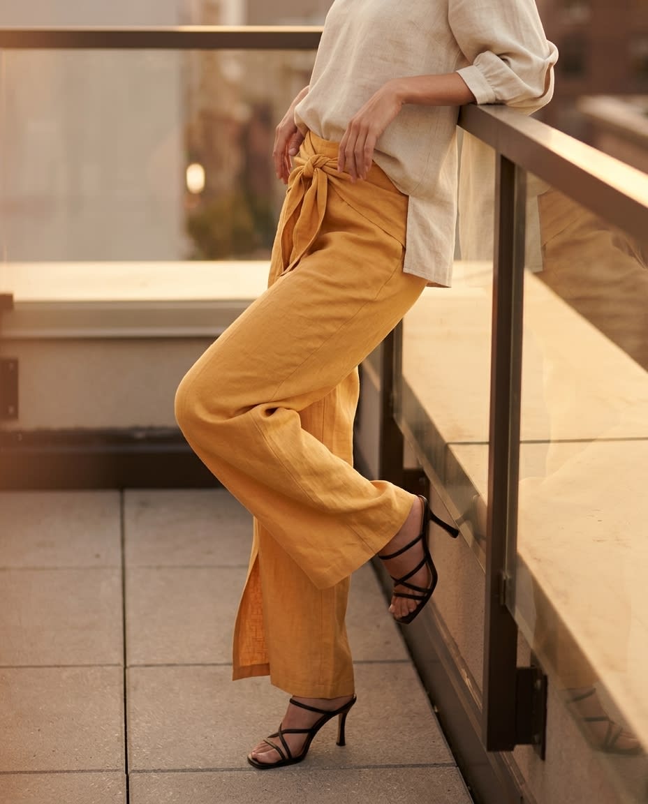 Wrap-Tie Wide-Leg Linen Trousers