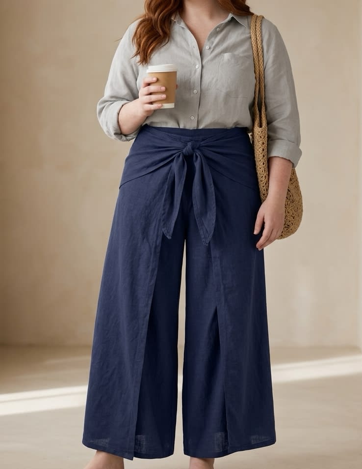 Wrap-Tie Wide-Leg Linen Trousers