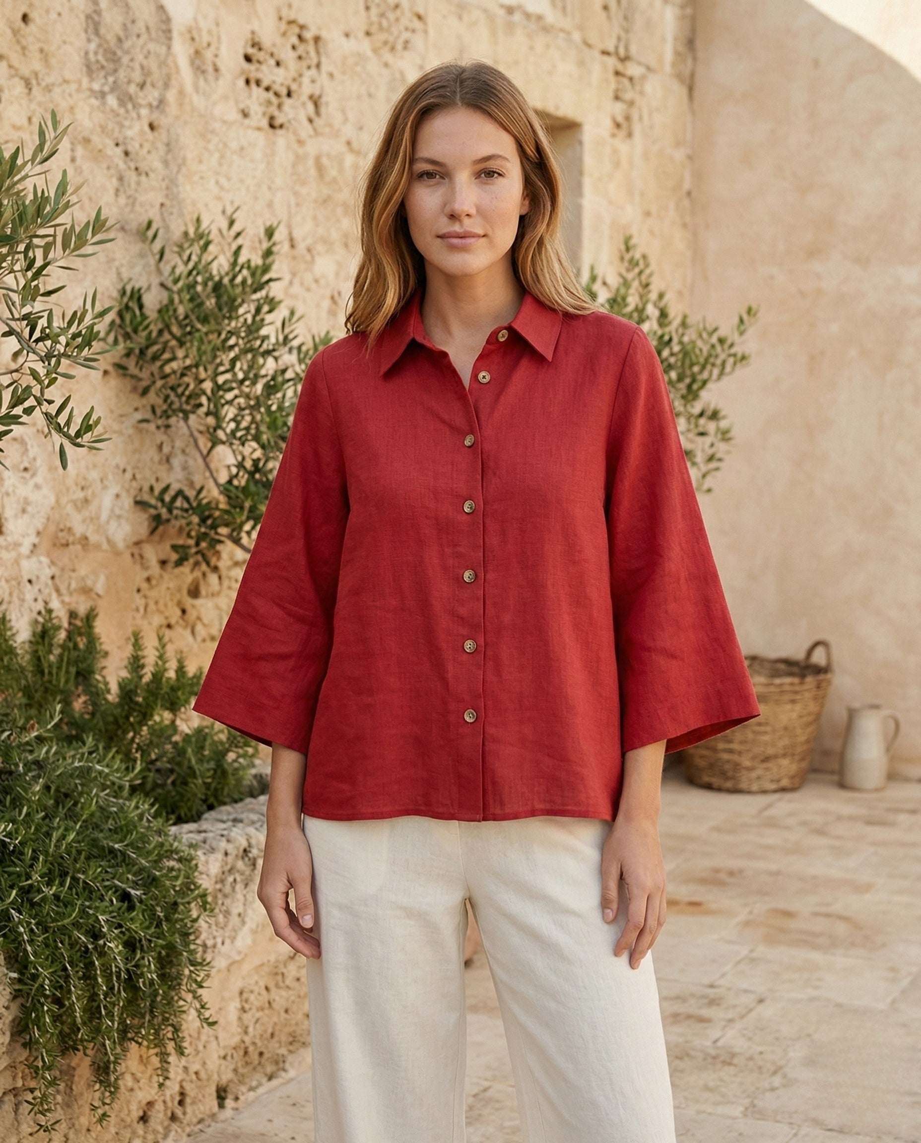 Linen Blouse with Batwing Sleeves