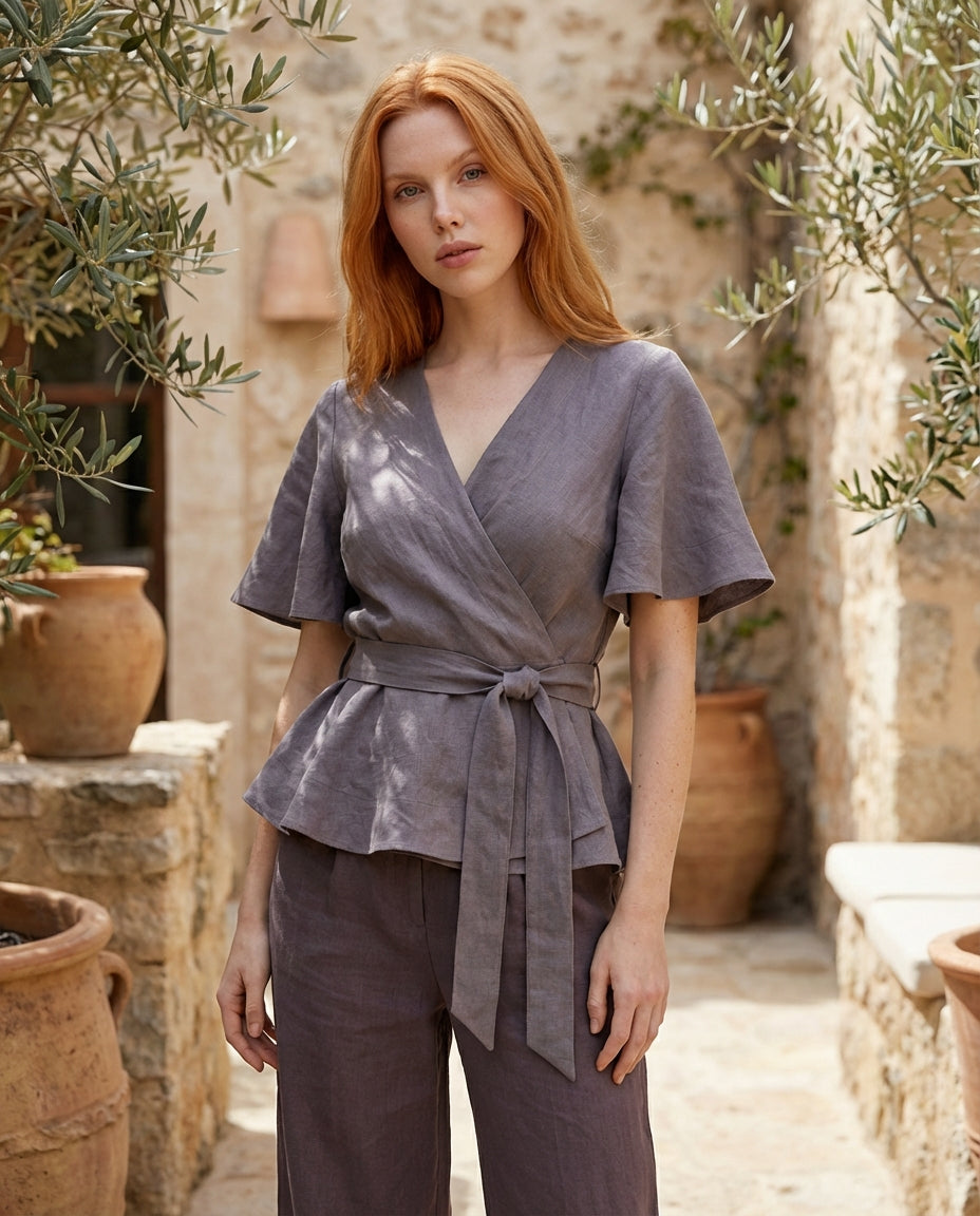 Linen Wrap Blouse with Tie Belt