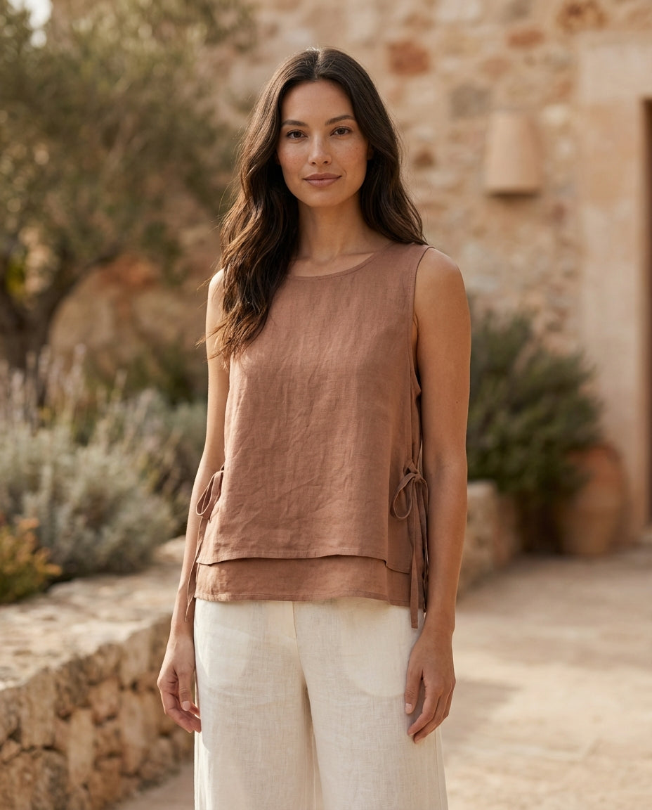 Layered Linen Top with Side Ties
