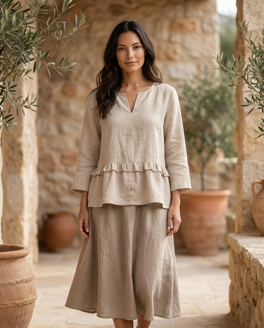 Ruffled Linen Blouse with V-Neck
