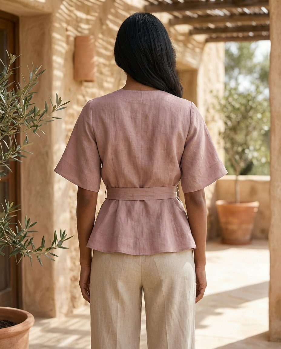 Linen Wrap Blouse with Tie Belt