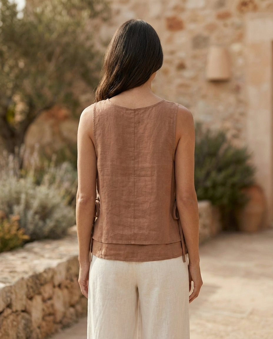 Layered Linen Top with Side Ties