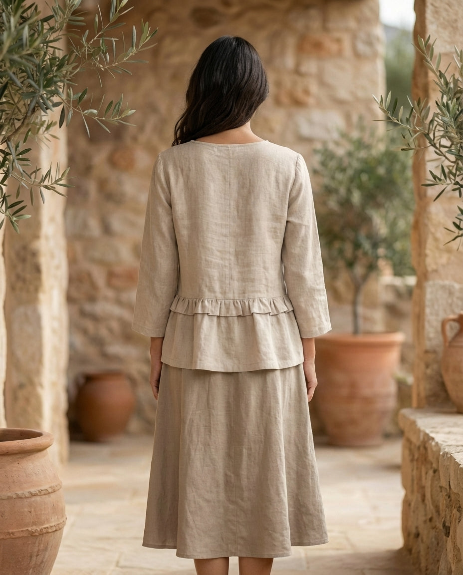 Ruffled Linen Blouse with V-Neck