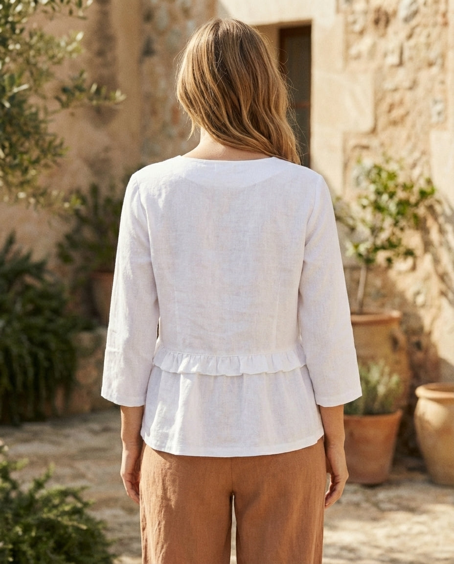 Ruffled Linen Blouse with V-Neck | Optional Birthday Flower Embroidery