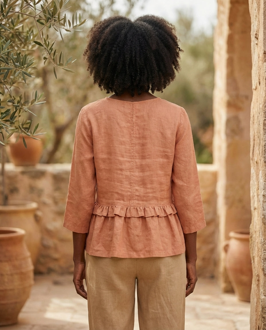 Ruffled Linen Blouse with V-Neck