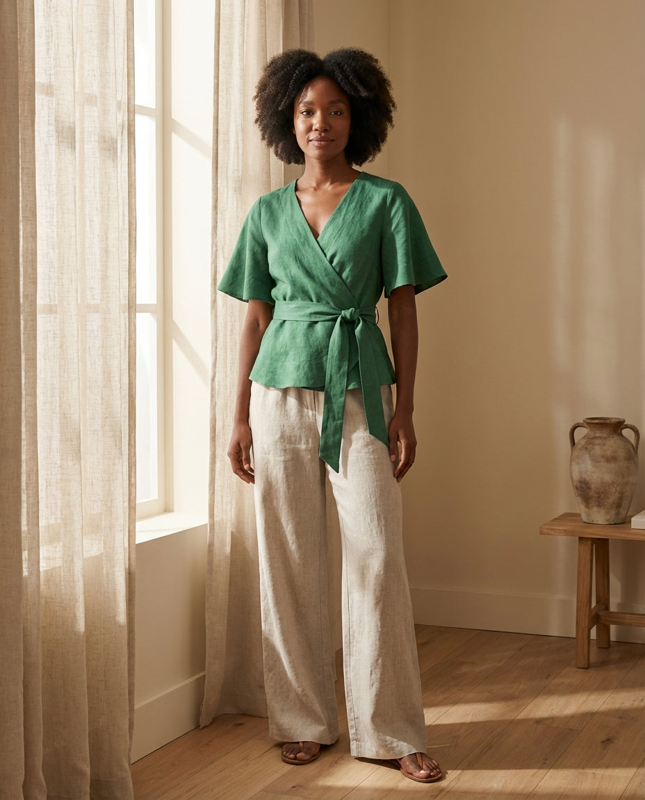Linen Wrap Blouse with Tie Belt