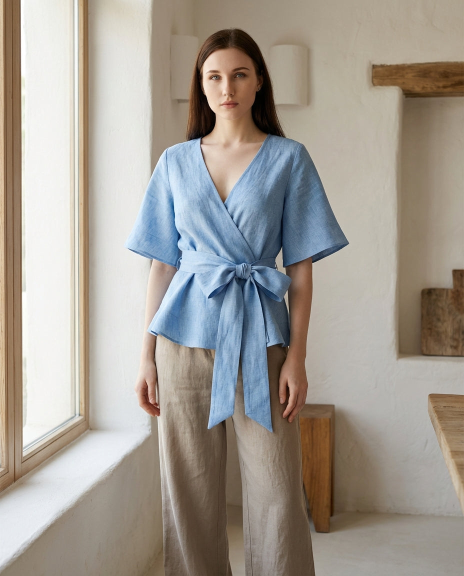Linen Wrap Blouse with Tie Belt