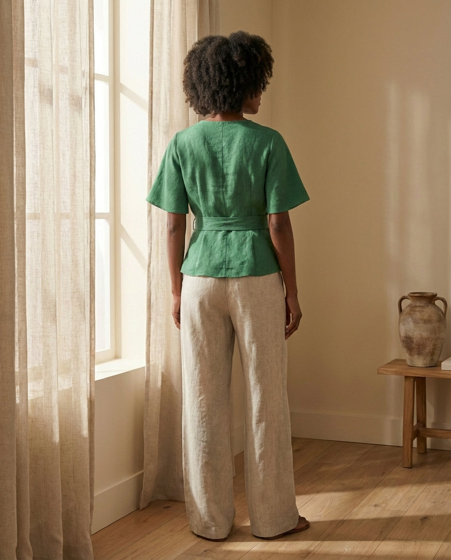 Linen Wrap Blouse with Tie Belt