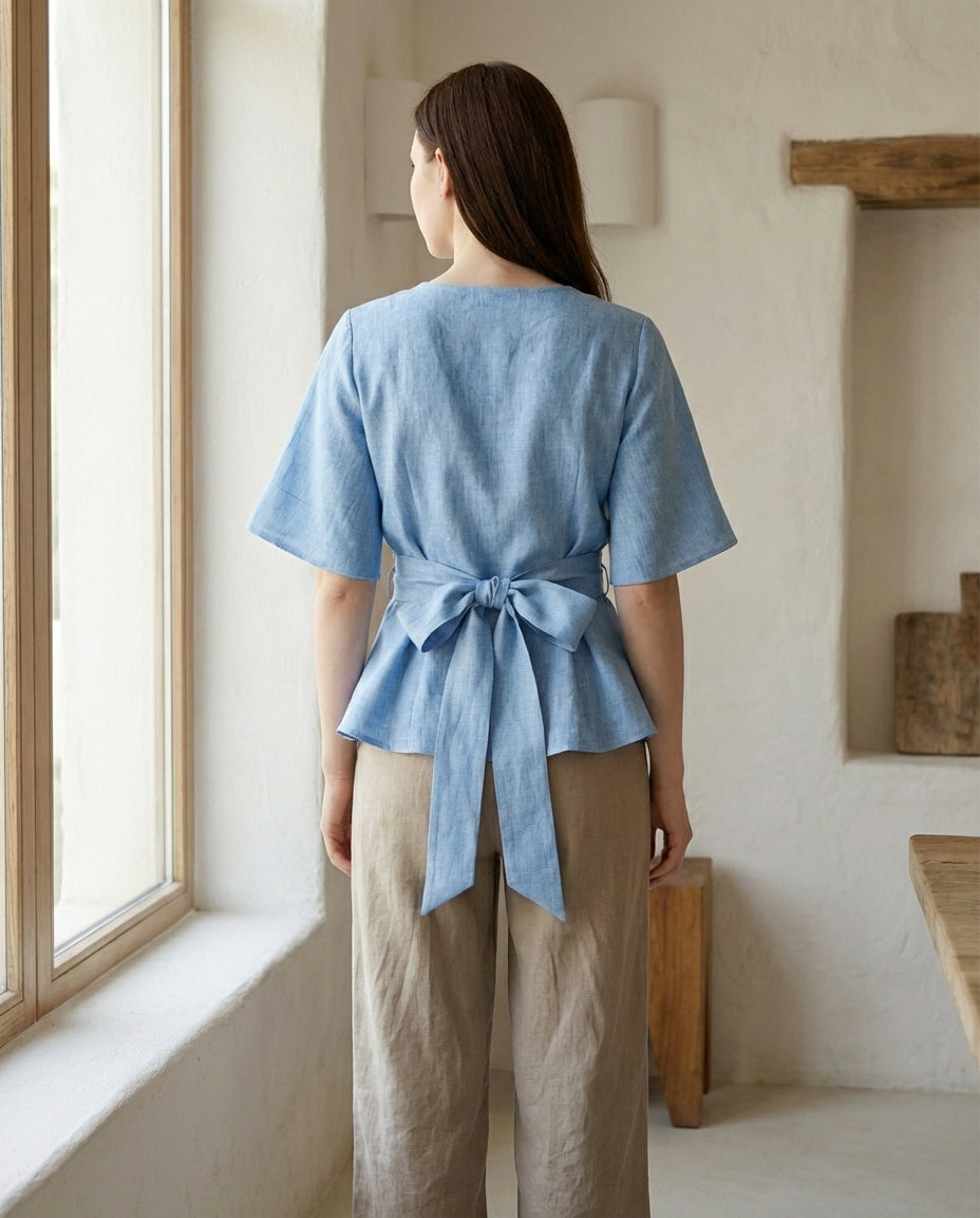 Linen Wrap Blouse with Tie Belt