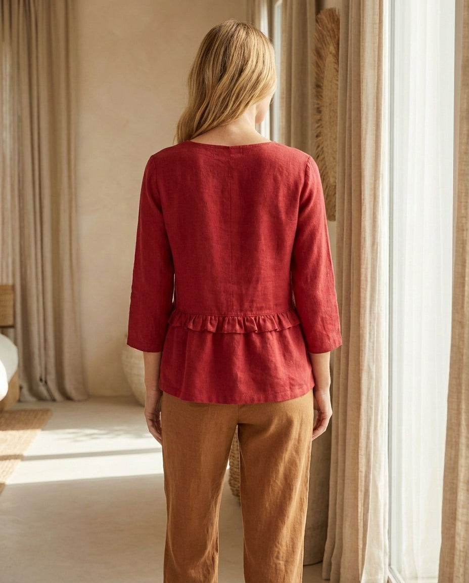 Ruffled Linen Blouse with V-Neck