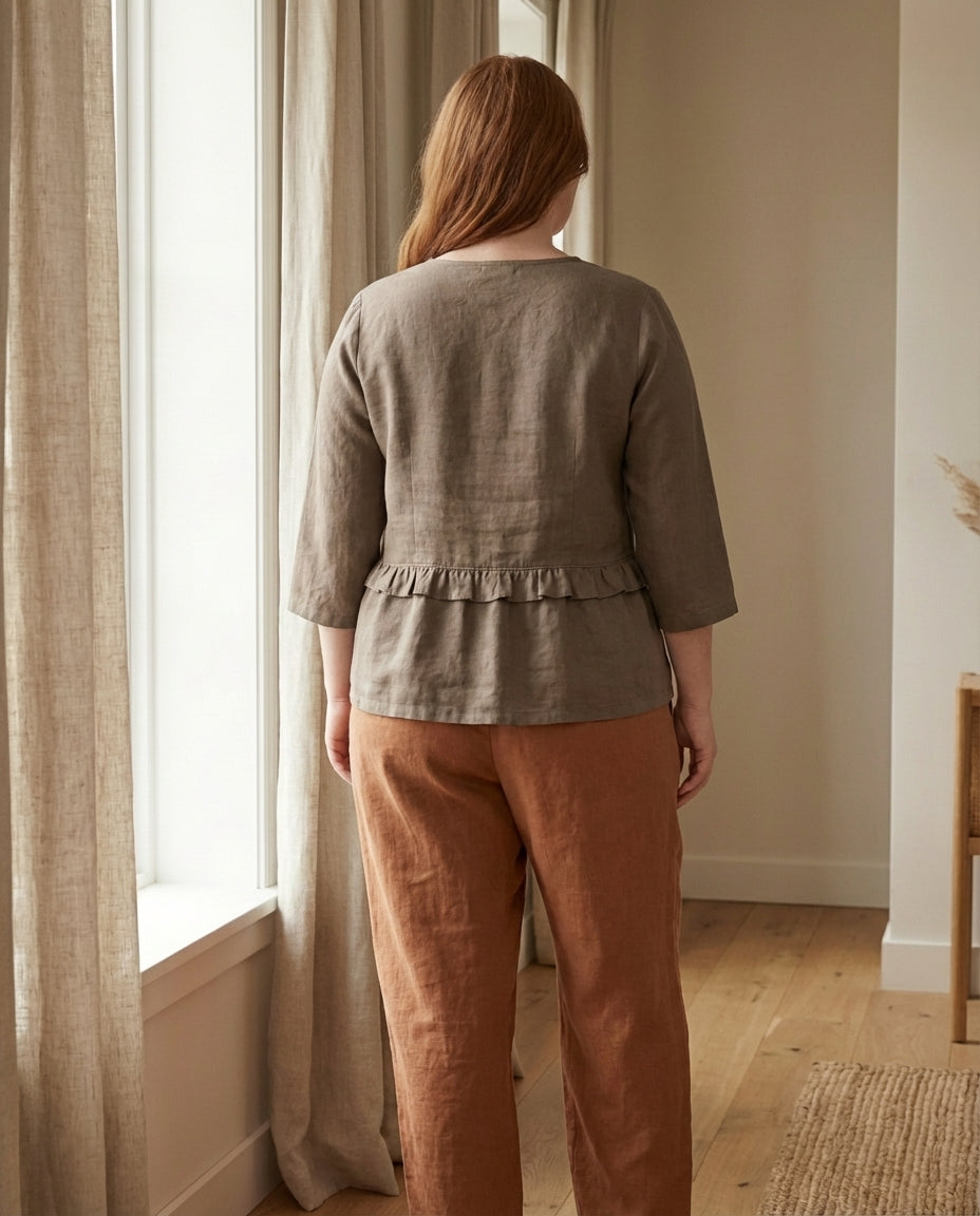 Ruffled Linen Blouse with V-Neck