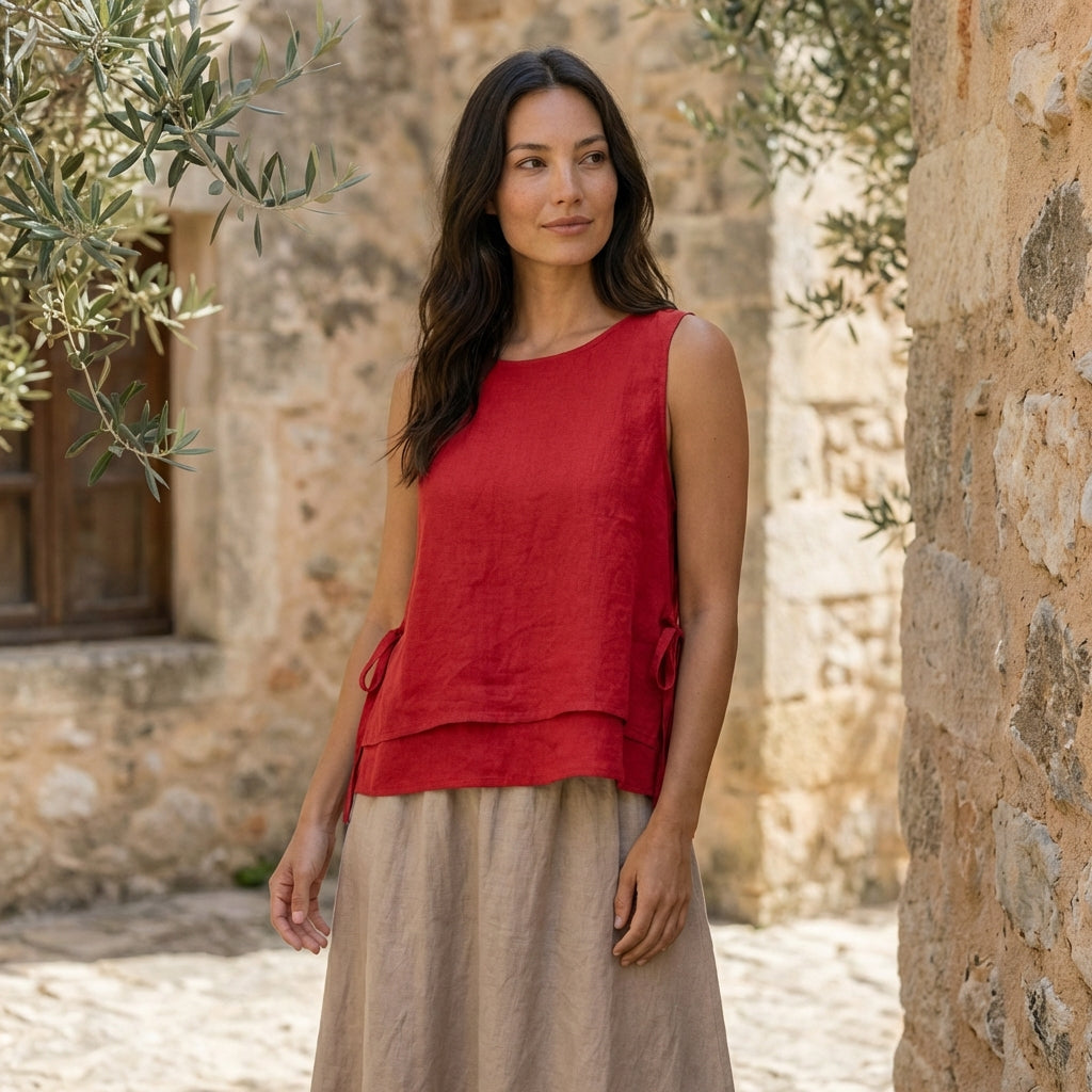 Layered Linen Top with Side Ties