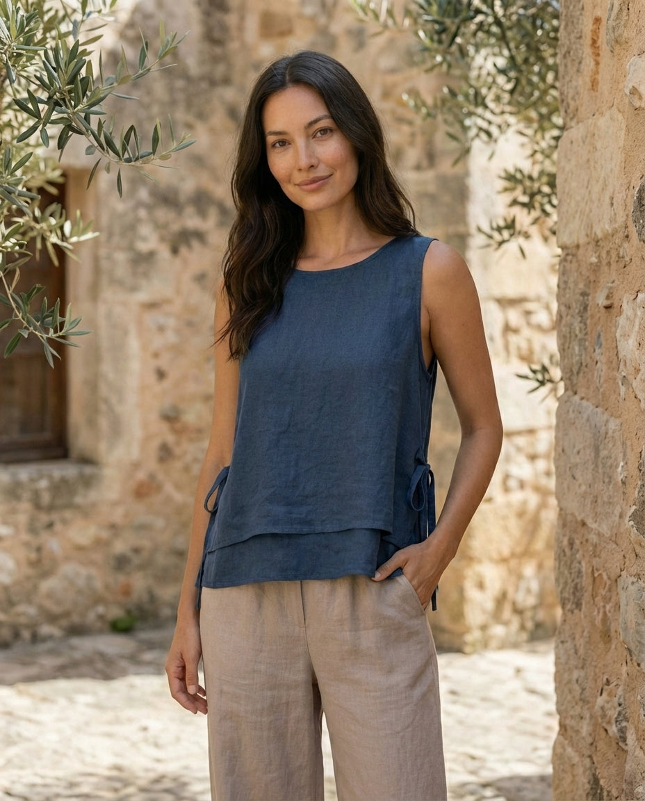 Layered Linen Top with Side Ties