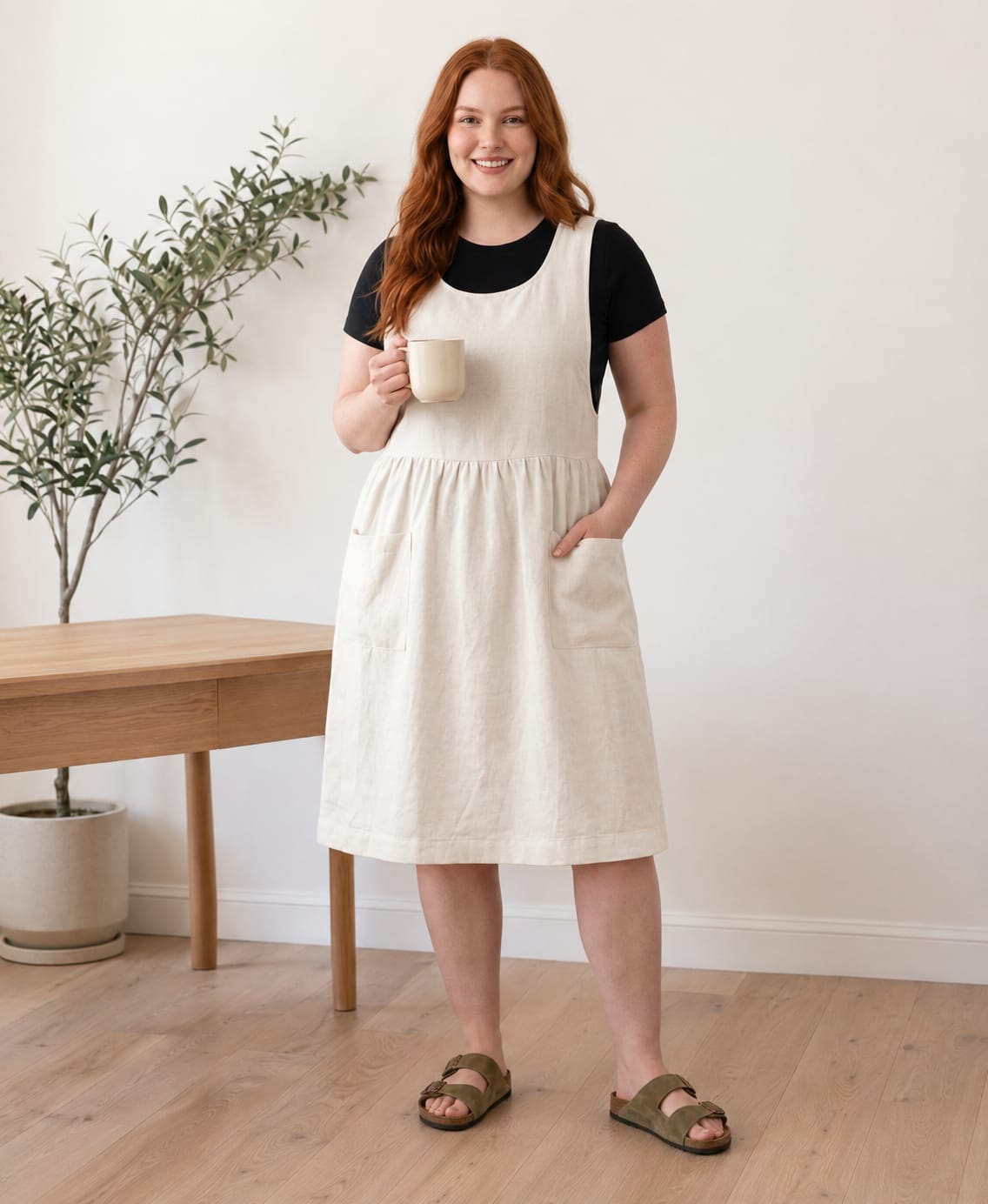 Sleeveless Linen Pinafore Pocket Dress