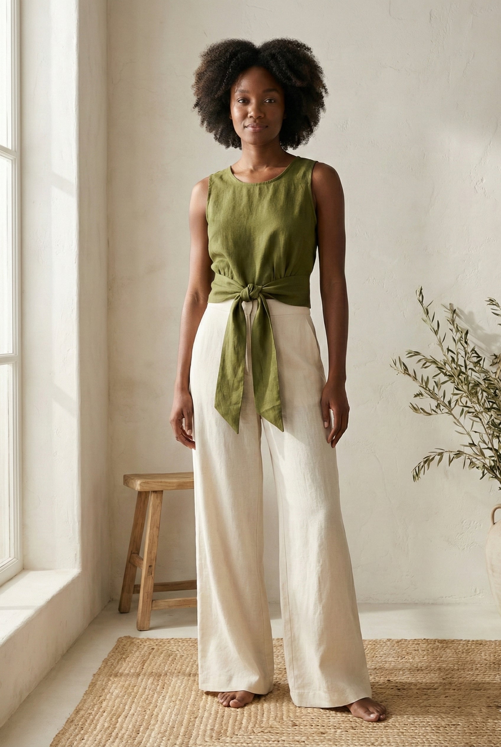 Linen Wrap Blouse with Tie Belt